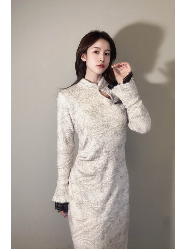 EIA一堯山澗松茶新中式復古清冷禪意連衣裙女春氣質暈染長裙