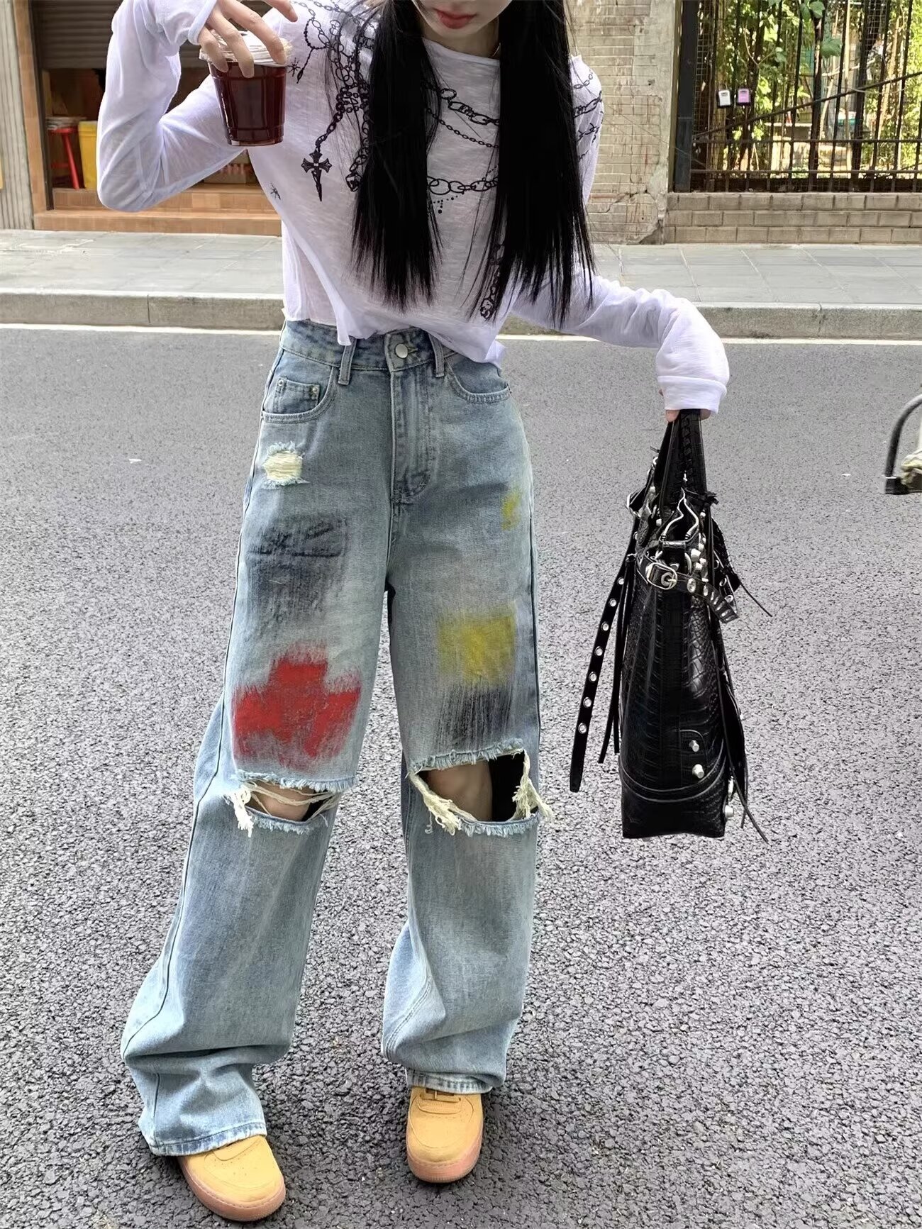 高街情侶美式破洞牛仔褲直筒闊腿水洗褲子手繪潑墨牛仔褲2024