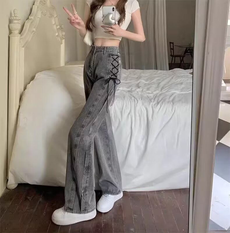 復古綁帶闊腿牛仔褲女2024春夏季新款高腰顯瘦大碼高街直筒褲子潮