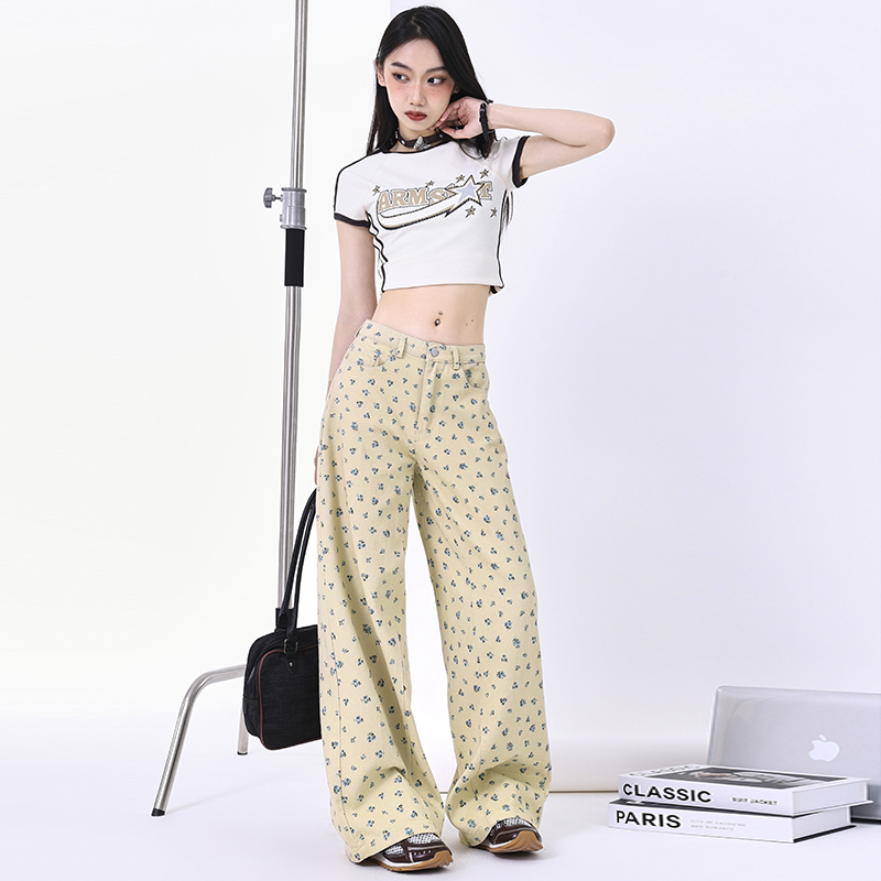 實拍~2024復古港風小清新碎花直筒牛仔褲女韓版顯瘦寬鬆闊腿褲ins