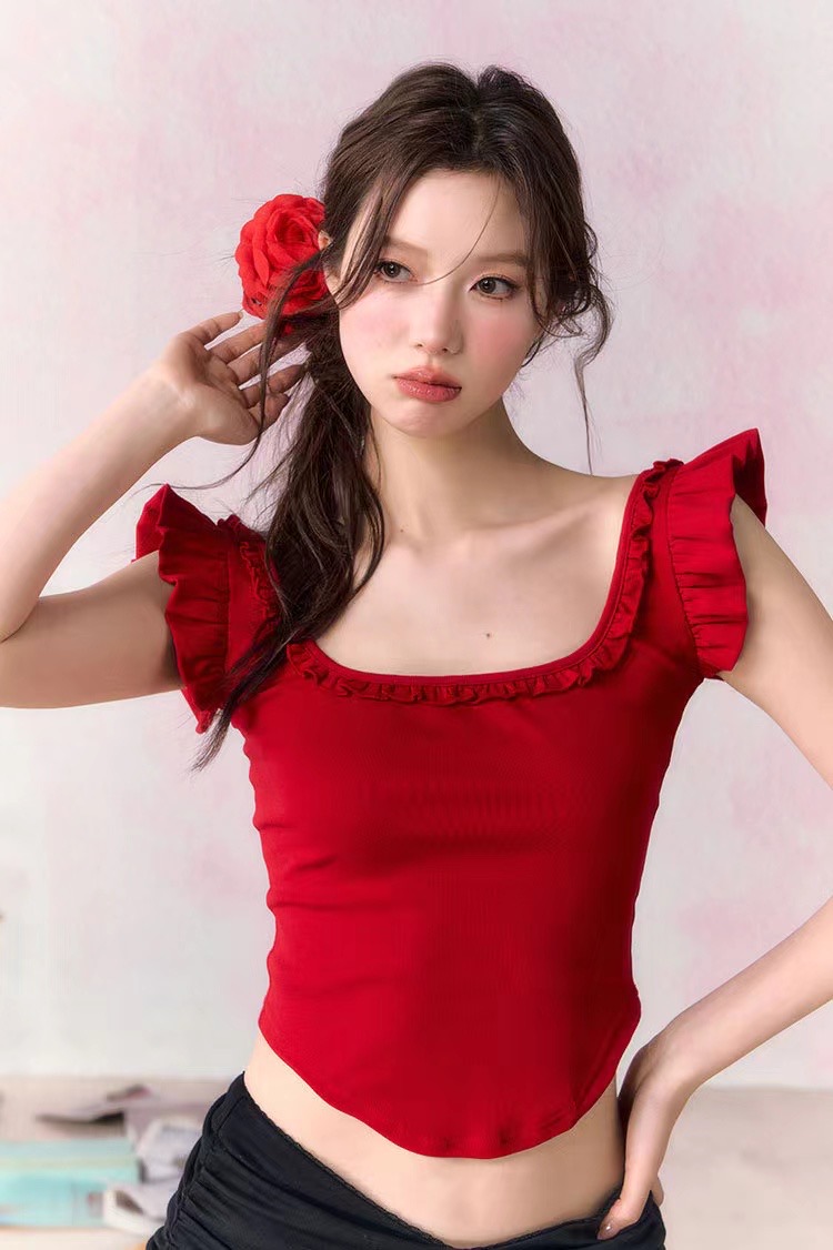 紅色辣妹小飛袖吊帶上衣女夏季正反兩穿修身短款T恤