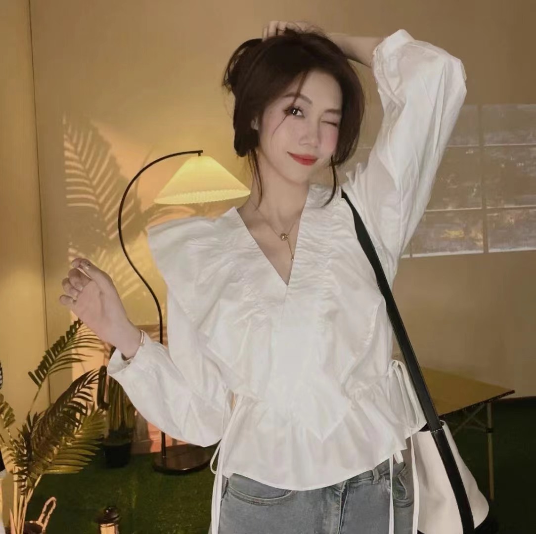 法式荷葉邊拼接甜美襯衫女裝春秋新款設計感抽繩減齡氣質百搭襯衣