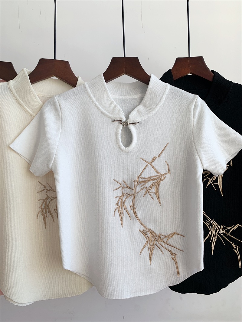 2024夏新品中國風刺繡盤扣立領上衣女裝小個子氣質顯瘦短款百搭T