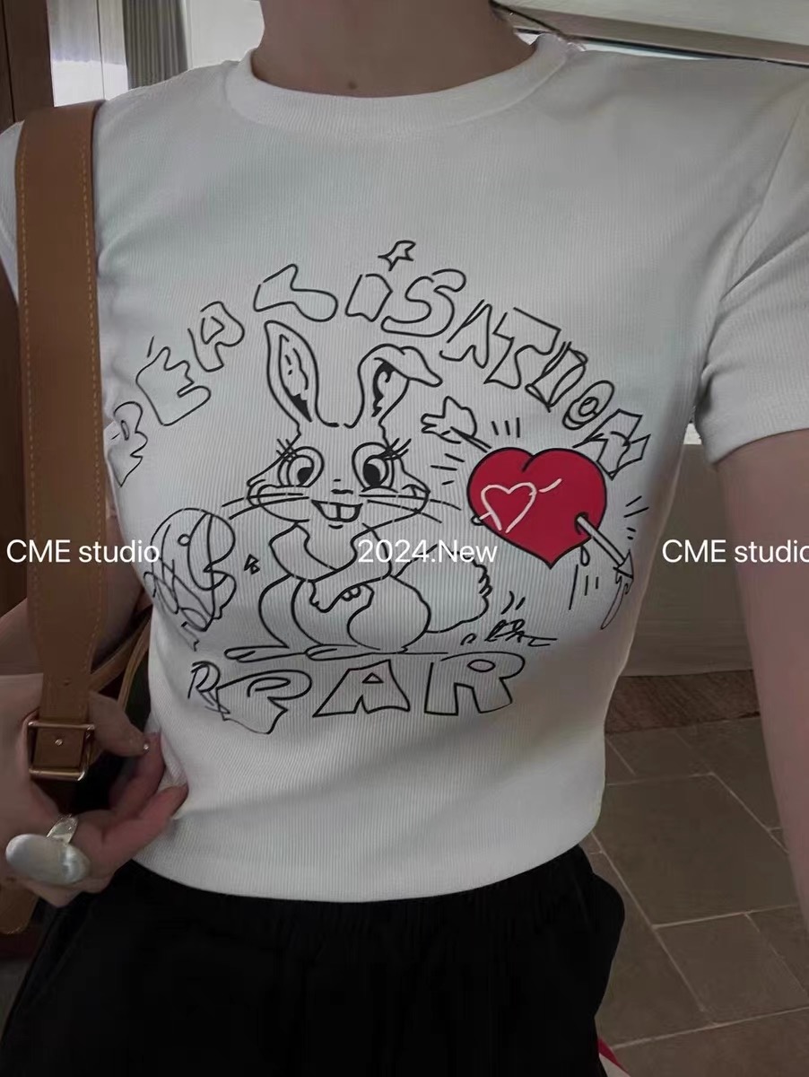 CME十三行正版 歐美純棉可愛兔子字母緊身彈力短款小件短袖T恤女