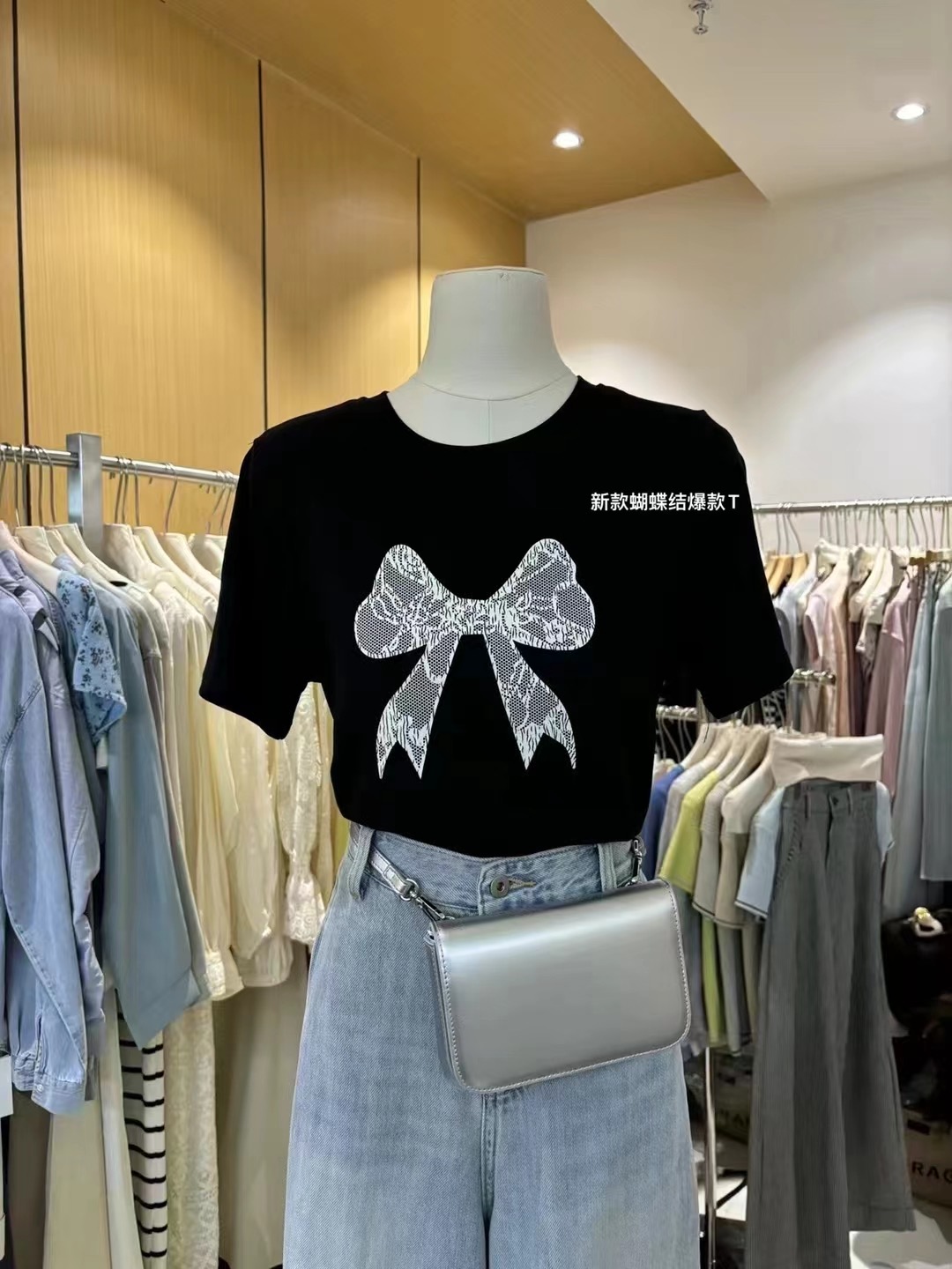 韓系甜美蝴蝶結印花短袖T桖夏季新款設計感小眾顯瘦正肩上衣女