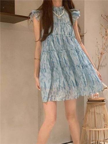 夏季韩版2024新款气质时尚宽松高腰半高领小飞袖减龄短款连衣裙女