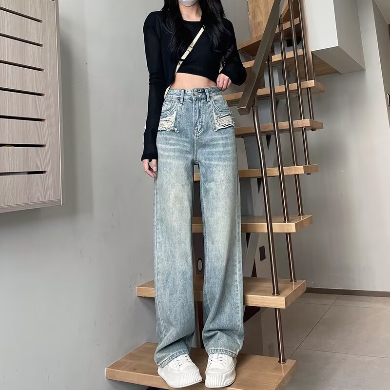 闊腿牛仔褲女設計感小眾春夏2024年新款淺色直筒破洞拖地褲子春秋