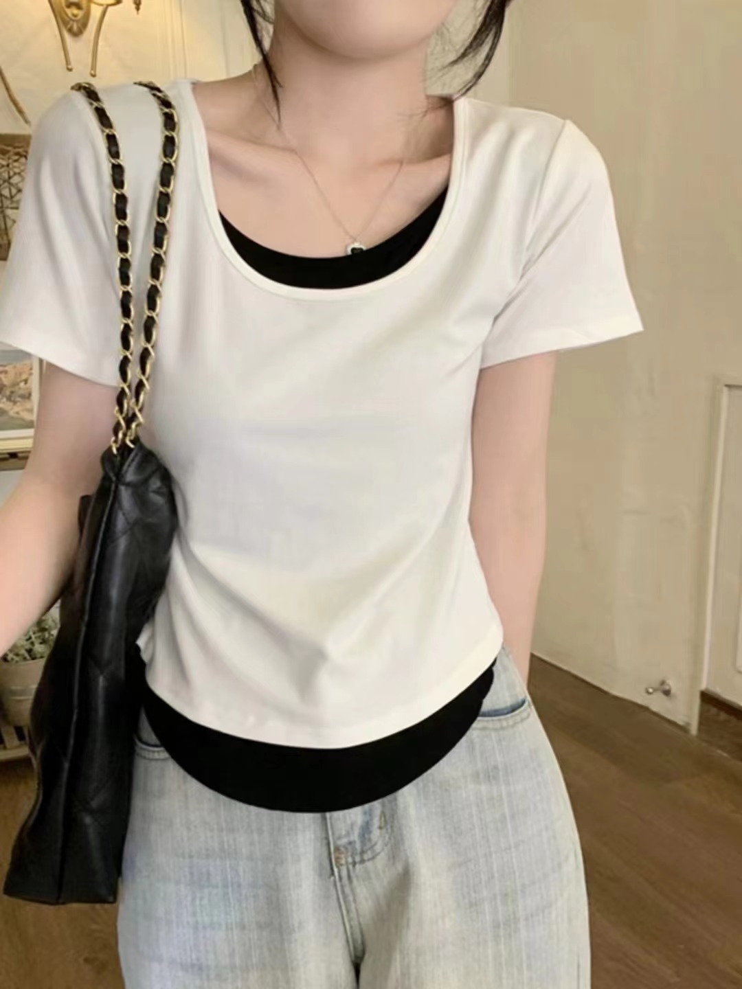 韓版黑色酷辣正肩短袖短款t恤上衣女夏美式辣妹假兩件修身顯瘦