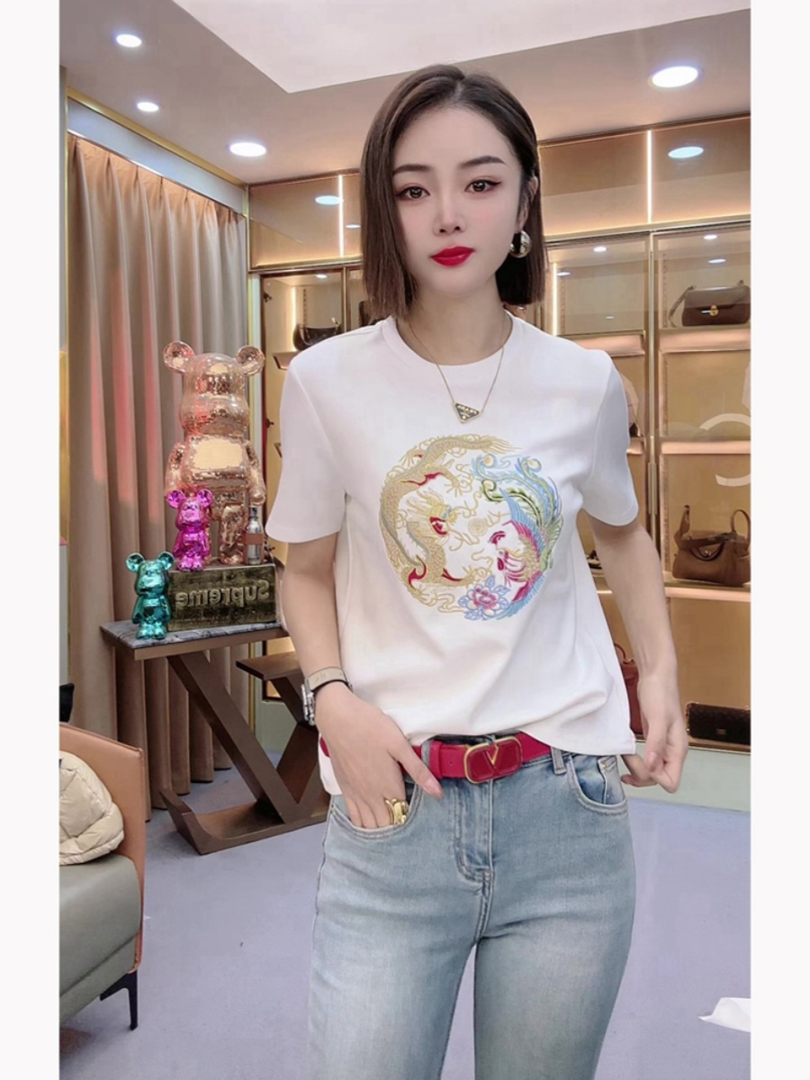 新中式國風復古龍紋刺繡短袖t恤女2024新款百搭顯瘦圓領打底上衣
