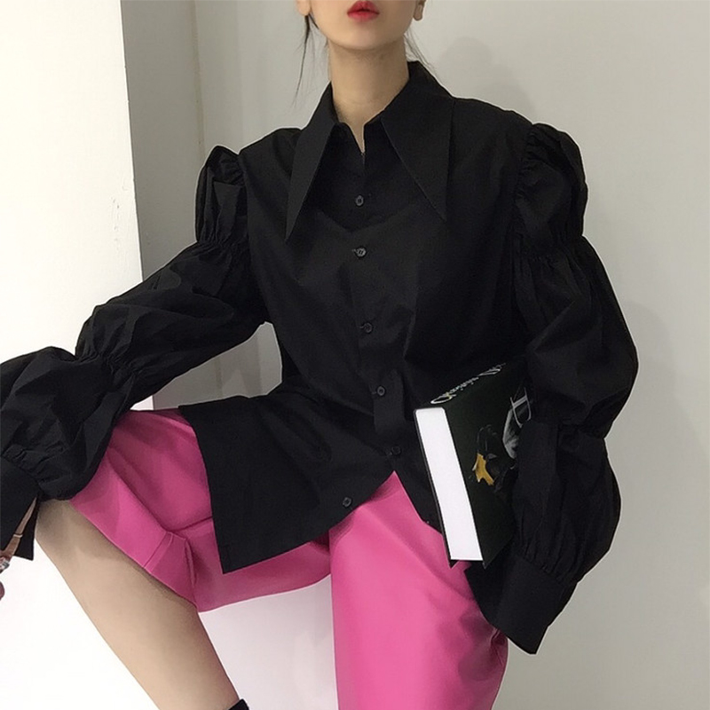Size Update Spring Korean Retro Palace Style Pleated Sleeves Fashionable Pointed Collar Shirt Tops for Women