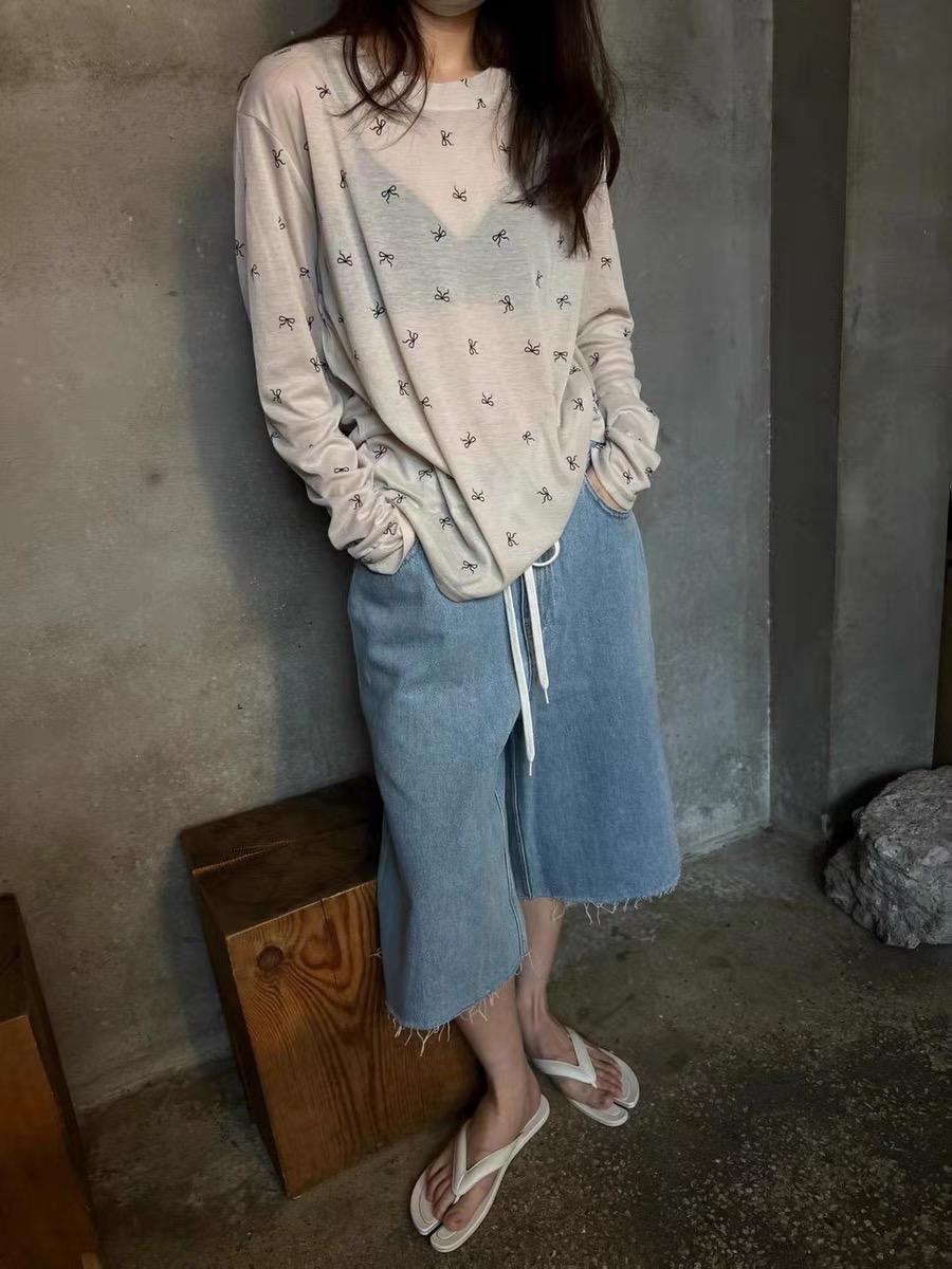 棉料蝴蝶結印花圓領長袖氣質修身防曬百搭T恤女2024春夏新款