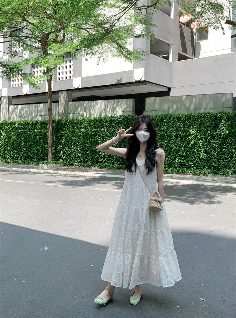 實拍#無袖連衣裙女提花高級感夏新款小眾設計感法式浪漫長裙