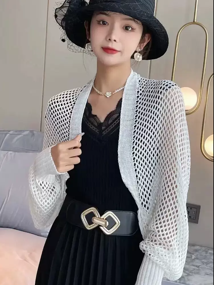 復古寬鬆薄款鏤空蝙蝠袖針織開衫女冰絲披肩外套針織防曬衫空調衫