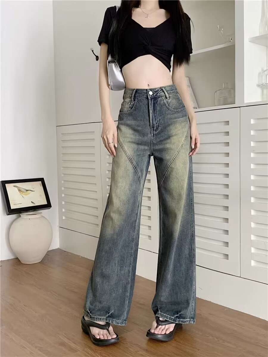 復古藍色直筒牛仔褲女2024年春夏新款高腰顯瘦寬鬆小眾闊腿拖地褲