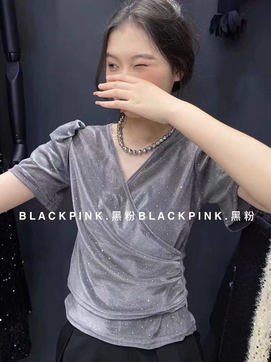 十三行韓系V領波點亮閃閃短袖T恤2024春季設計感氣質泡泡袖上衣