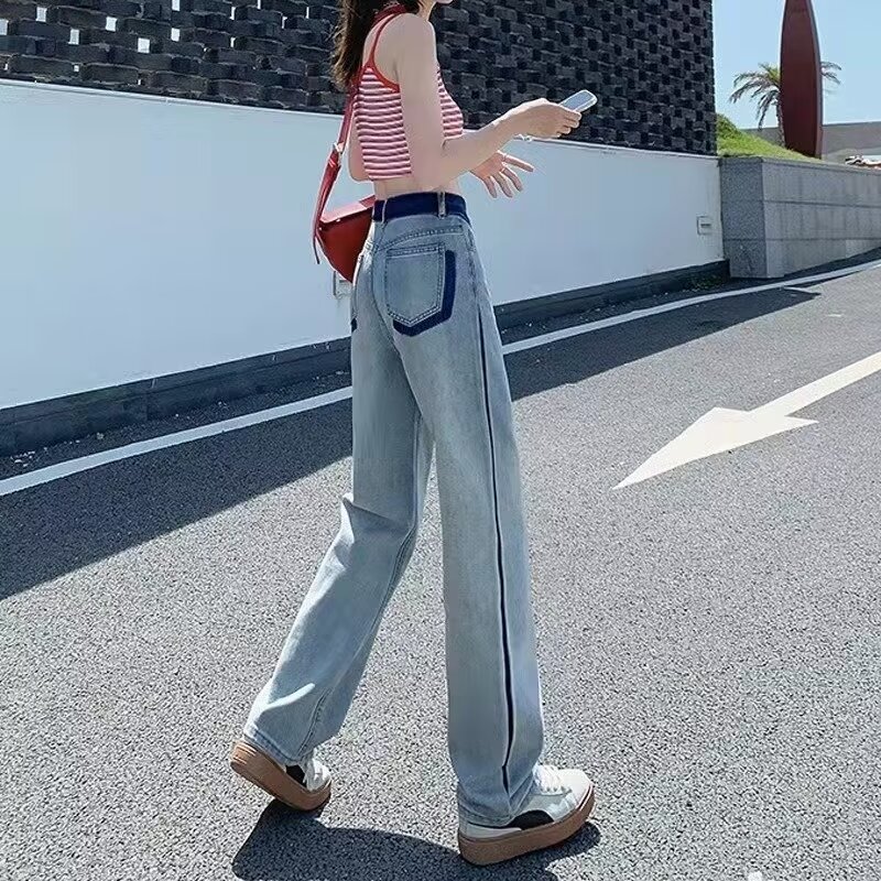 淺藍色牛仔褲女設計感2024新款高腰寬鬆顯瘦闊腿老爹褲直筒褲