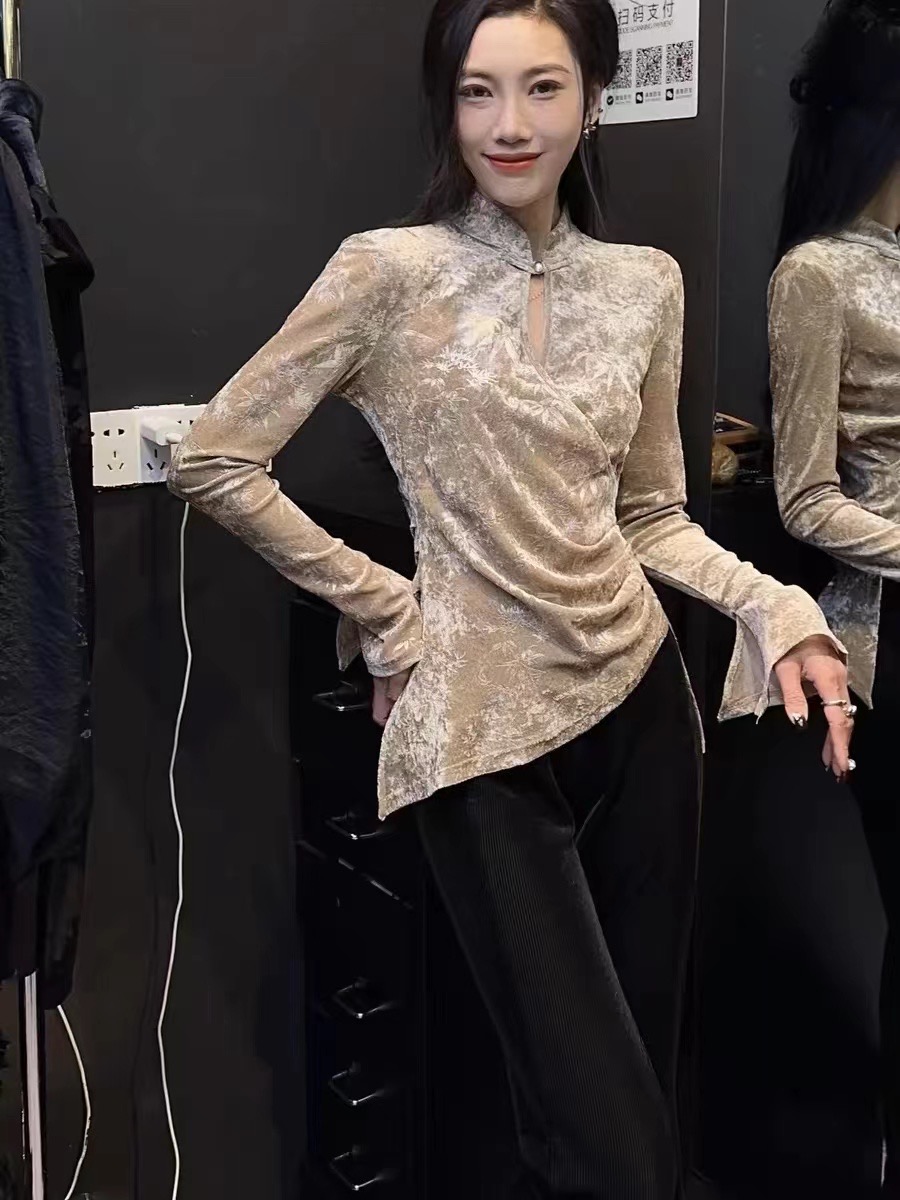 新中式國風立領盤扣襯衫女冬季新款收腰顯瘦打底衫上衣