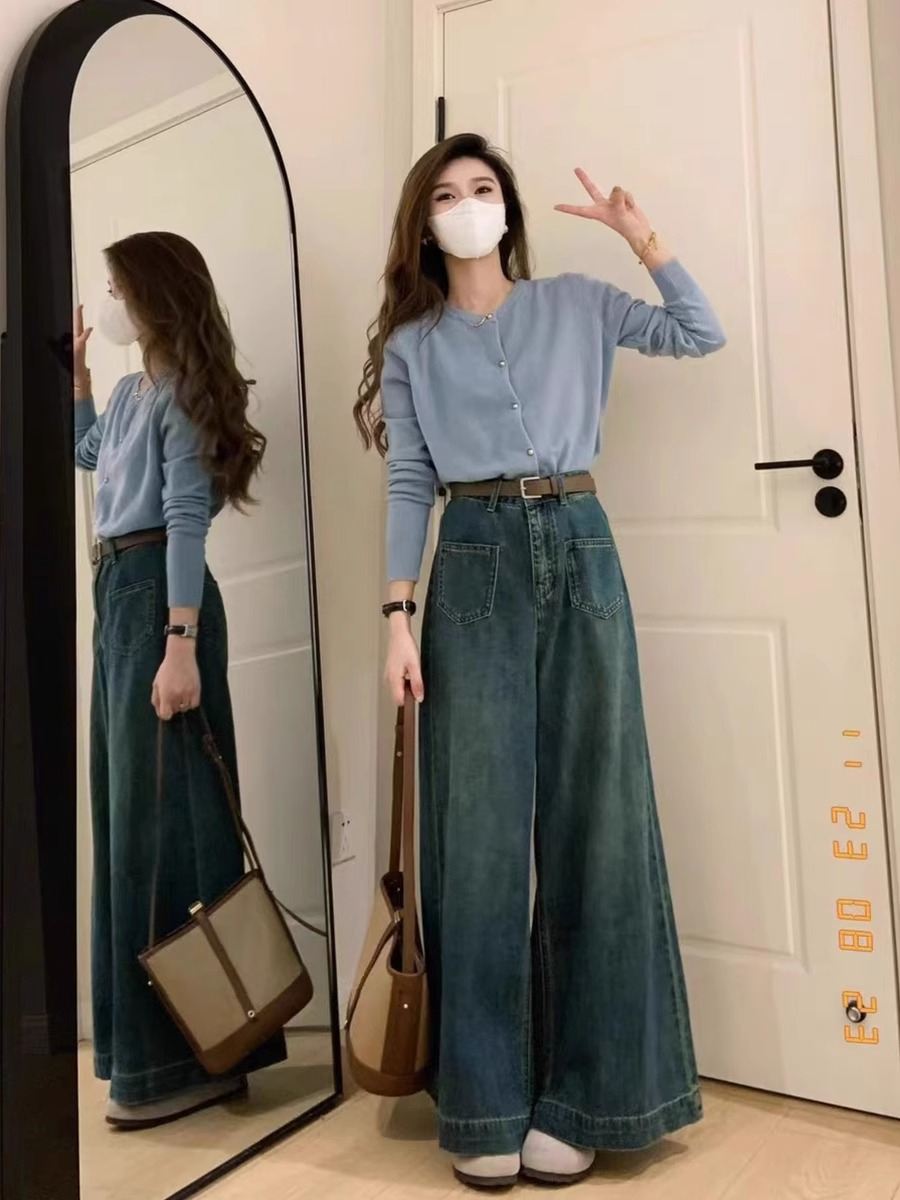 闊腿牛仔褲女款高腰寬鬆設計感小眾直筒褲小復古拖地褲