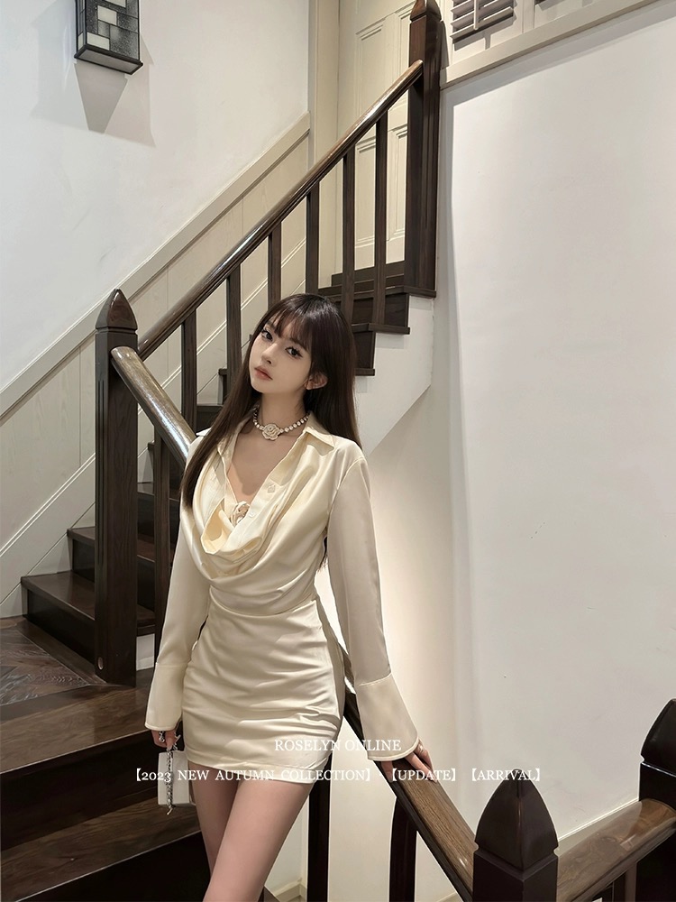 Roselyn 氣質名媛設計感純欲性感香檳色盪領襯衫連衣裙女早秋新款