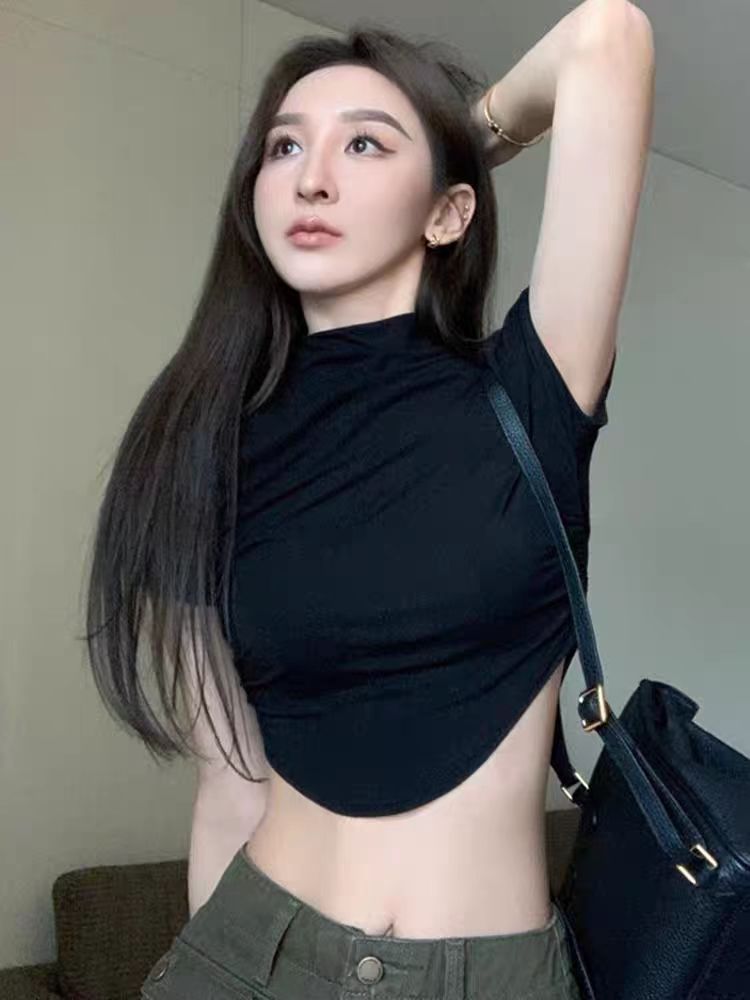 短款修身黑色半高領內搭打底衫女夏季辣妹緊身短袖t恤上衣