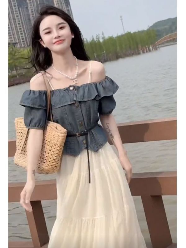 夏裝搭配一整套2024網紅套裝女一字肩牛仔上衣半身裙兩件套潮