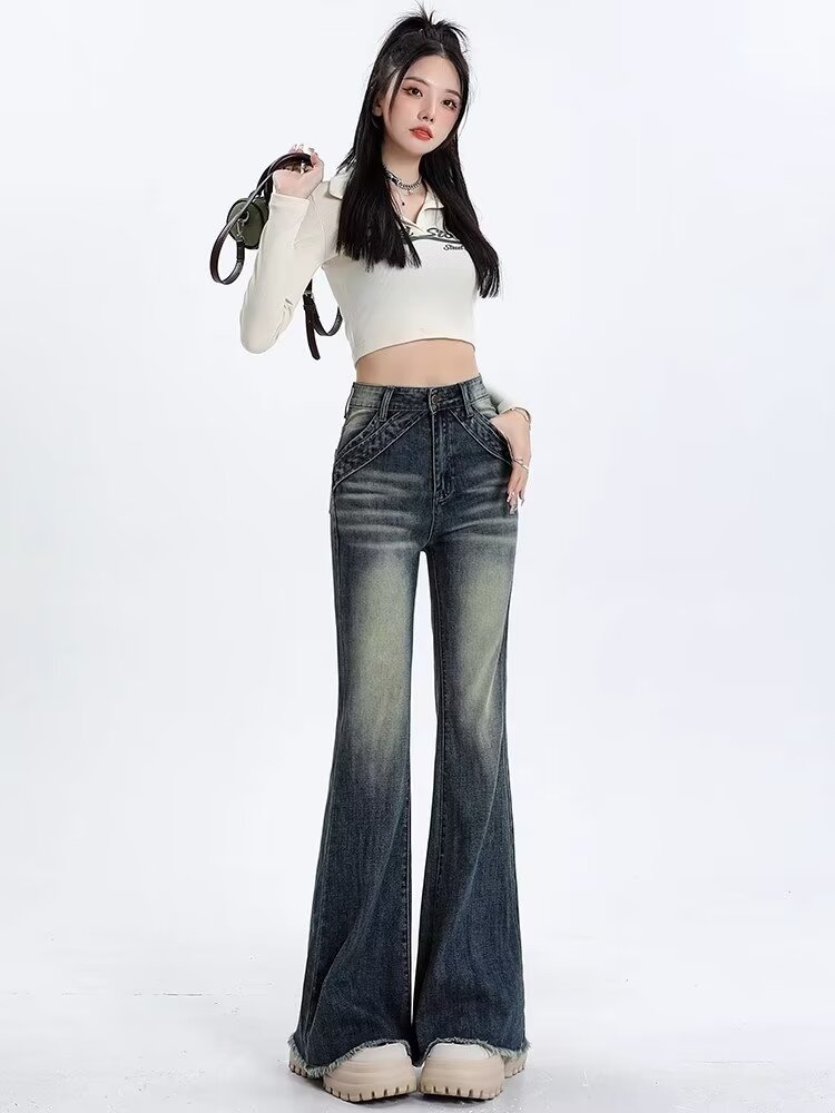 美式復古微喇牛仔褲女高腰2024春夏新款做舊直筒闊腿喇叭牛仔褲子