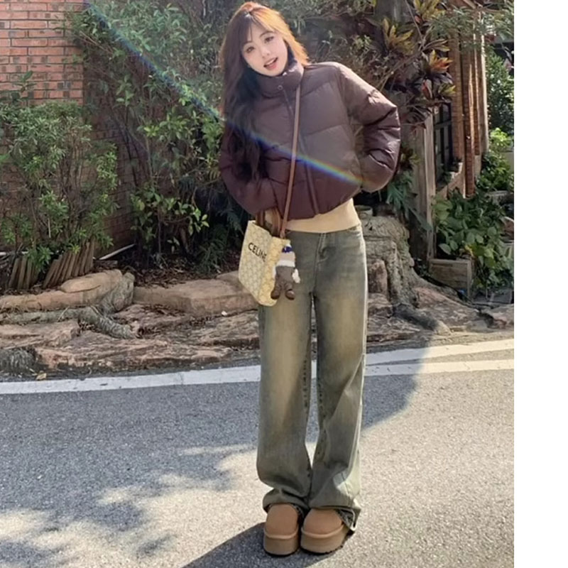 網紅同款美式復古闊腿牛仔褲女早春新款高腰寬鬆顯瘦拖地直筒長褲