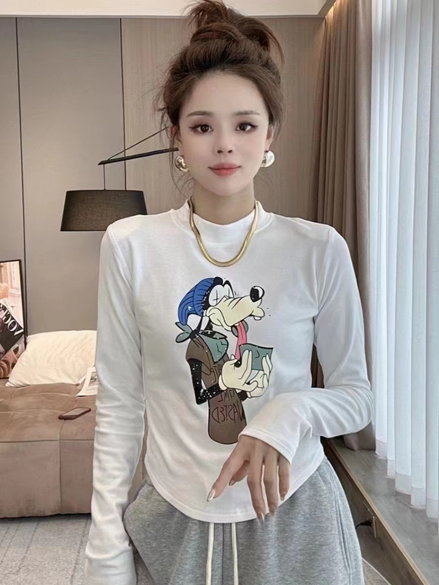 曉溪服飾秋季新款百搭打底衫女內搭印花打底修身T恤女
