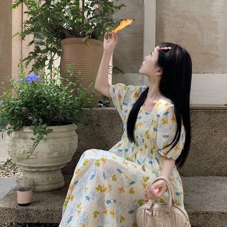 原版布料+做法+里布 碎花連衣裙方領收腰顯瘦碎花裙2024新款長裙