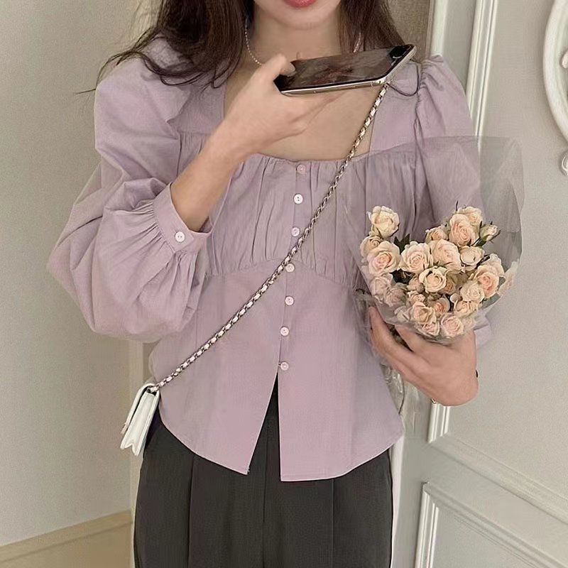 韓國春秋甜美褶皺方領小衫女設計感小眾單排扣超仙紫色泡泡袖襯衫
