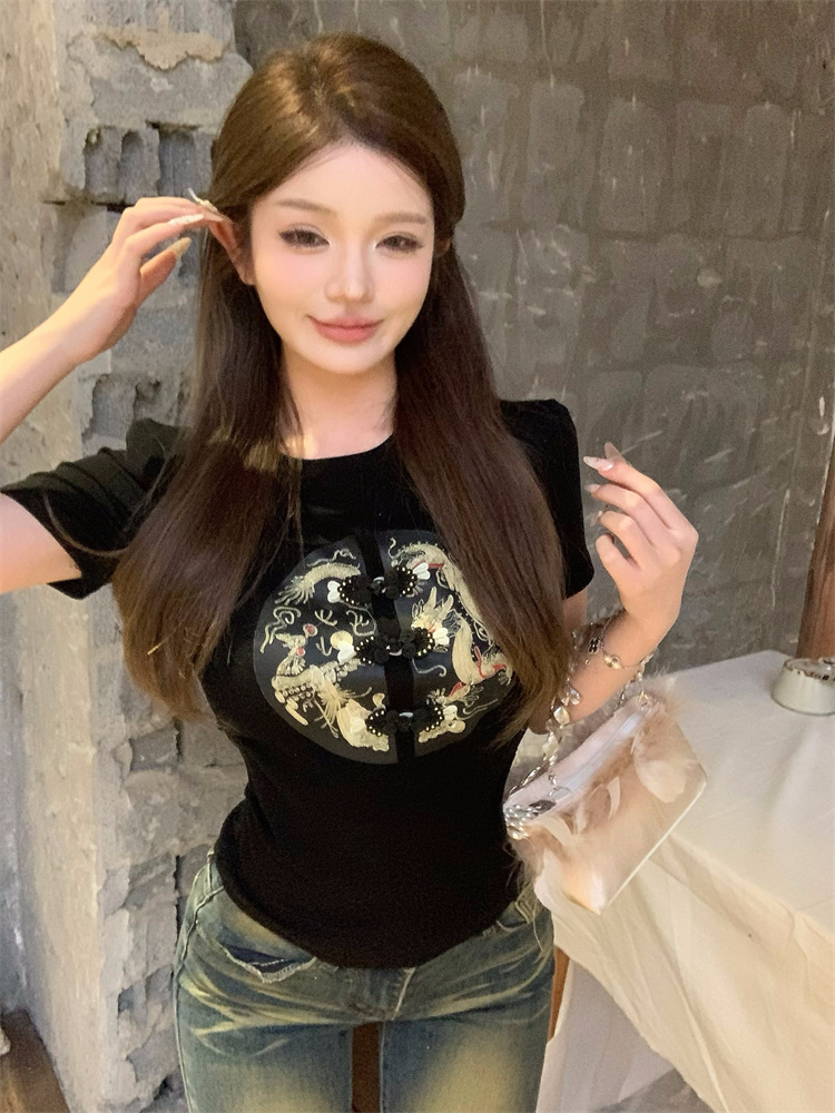 實拍 中式國風修身小上衣 獨特别致超好看盤扣短袖T恤女