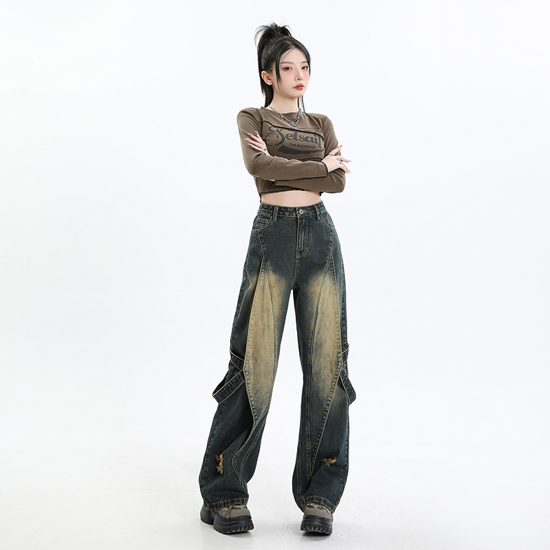 牛古魯同款潮牌青春時尚百搭闊腿拼接設計工裝牛仔褲女2024春夏