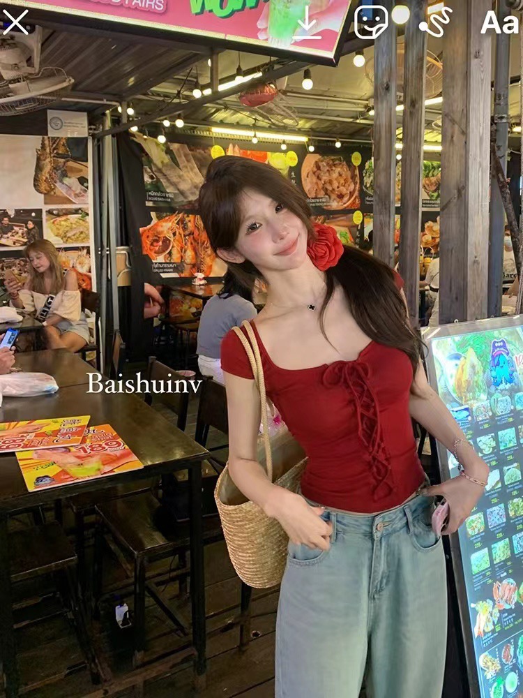 白水女漫畫身材~圓領短袖t恤女2024新款春秋收腰綁帶顯瘦上衣