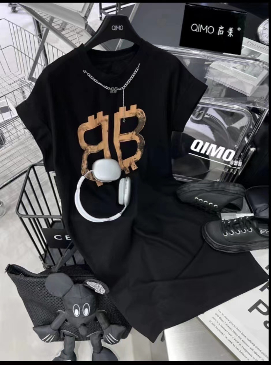 顯瘦連衣裙2024新款夏季美式字母B帶鏈條休閒短袖女過膝長款裙子