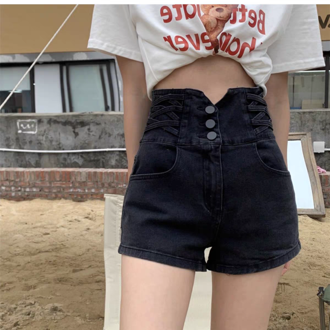 Hot girl denim A-line shorts women's summer thin 2024 new style small high-waist slim straight hot pants trendy