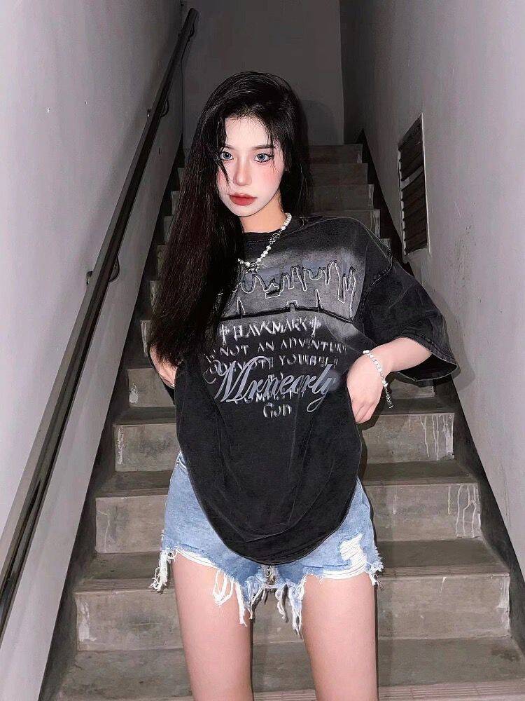 高品質純棉230克21支精梳緊密水洗做舊前印花短袖T恤女