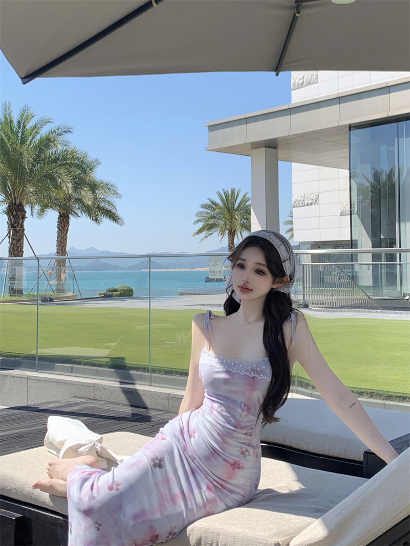 實拍莓莓戀櫻 拼接印花蕾絲花邊吊帶綁帶連衣裙長短款