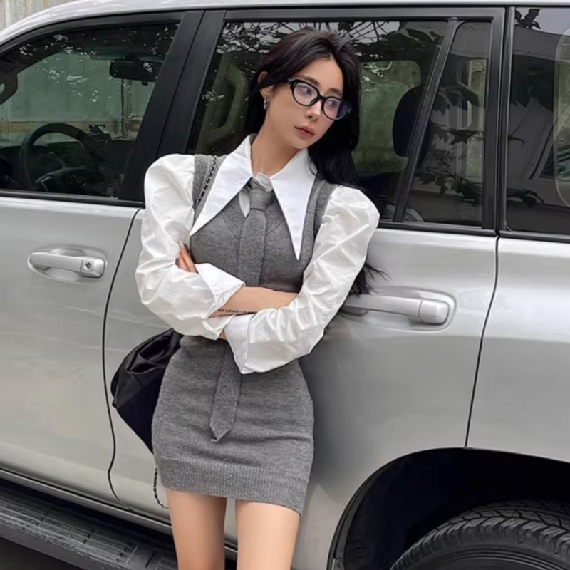 學院風減齡jk制服純欲套裝女秋針織背心連衣裙襯衫領帶疊穿兩件套