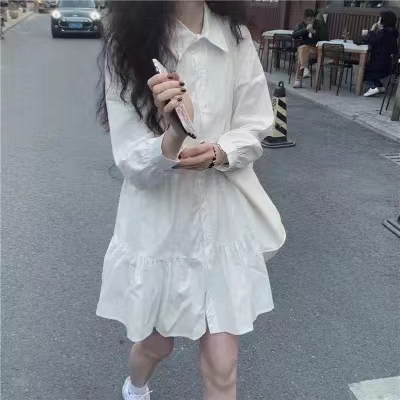 2024春秋新款小個子法式白色連衣裙子女設計感小眾長袖A字襯衫裙