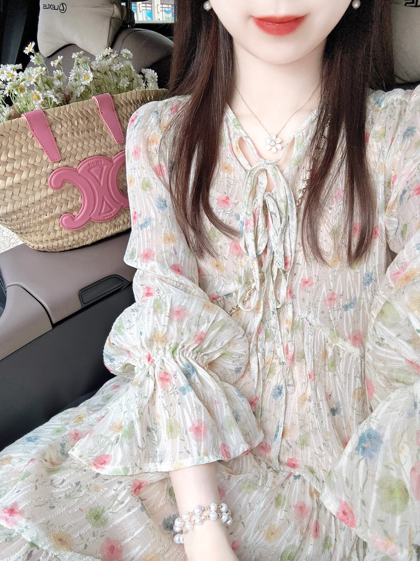 桔梗法式碎花雪紡連衣裙衣服女2024新款夏季絕美氣質裙子海邊