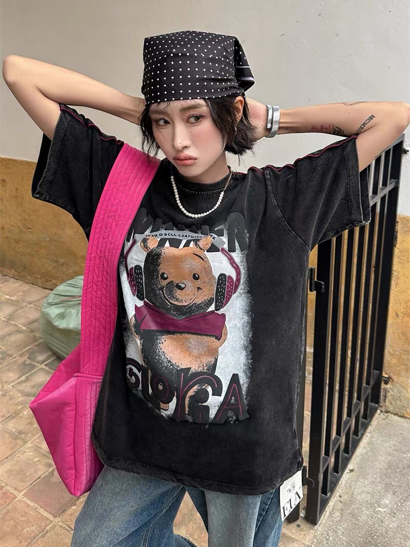2024早春美式水洗做舊t恤寬鬆休閒維尼熊前後印花短袖上衣女