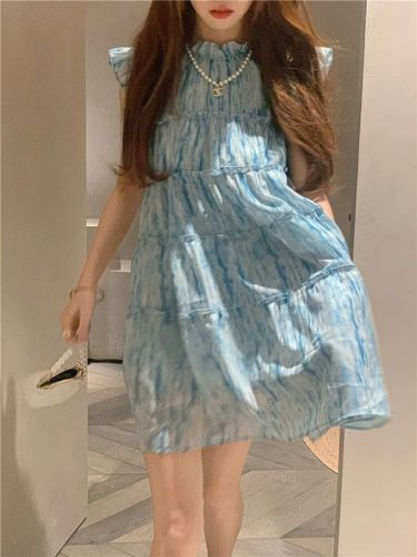 夏季韩版2024新款气质时尚宽松高腰半高领小飞袖减龄短款连衣裙女