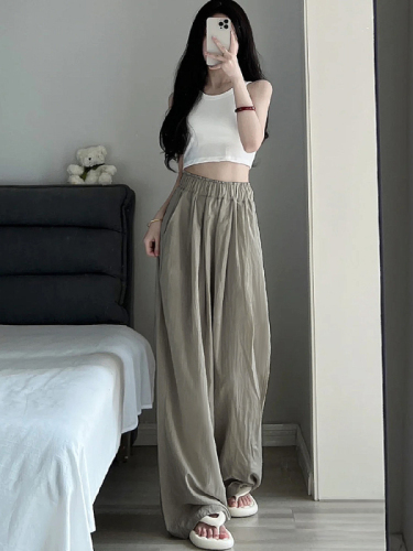 Ice silk wide-leg pants for women in summer high-waisted casual Japanese cotton and linen lazy Yamamoto pants pleated straight pants