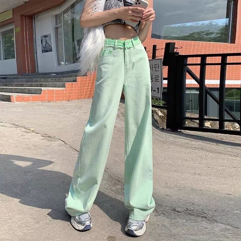 粉色毛邊直筒牛仔褲女春高腰顯瘦寬鬆撞色闊腿設計感垂感拖地褲子