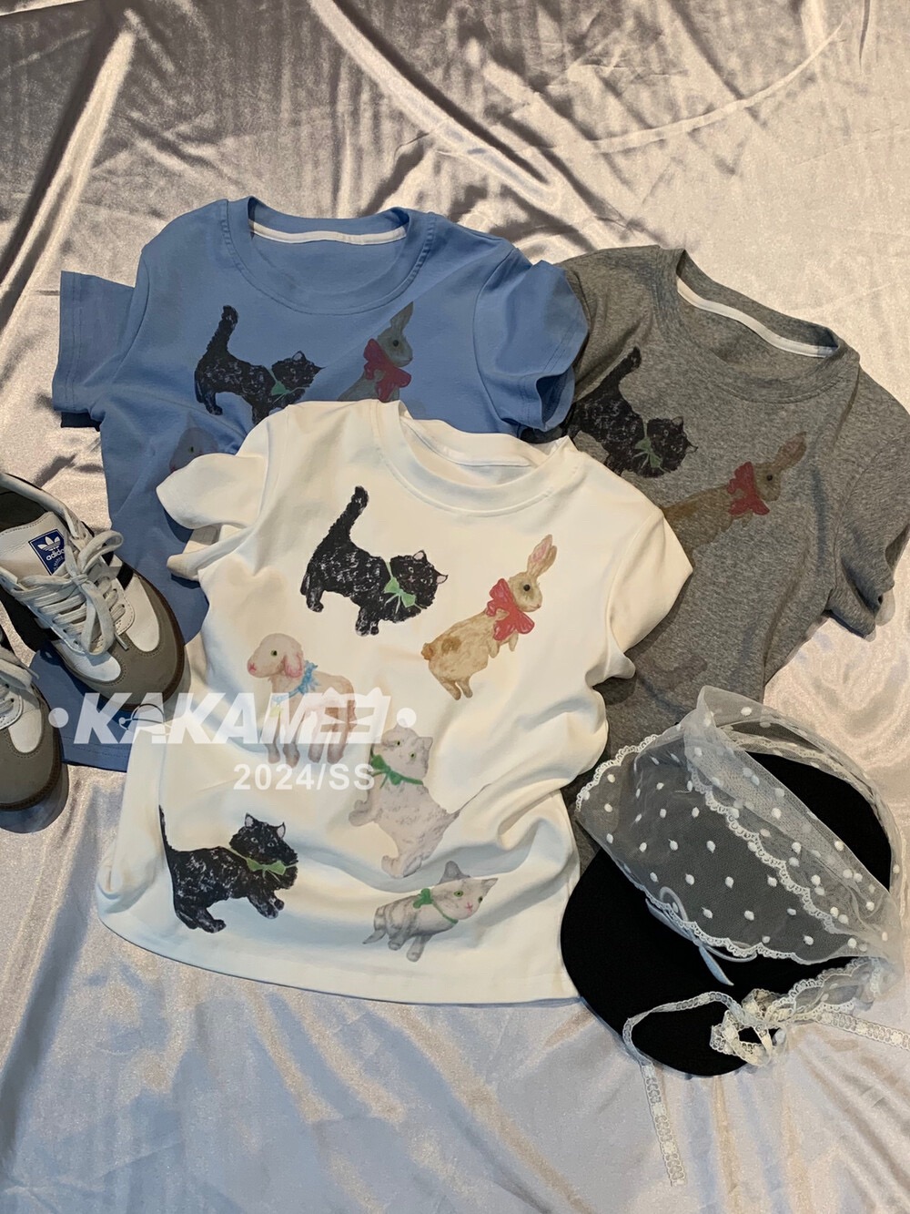 KAKAMEE春款圓領休閒上衣美式復古動物噴圖彈力短袖T恤修身短款