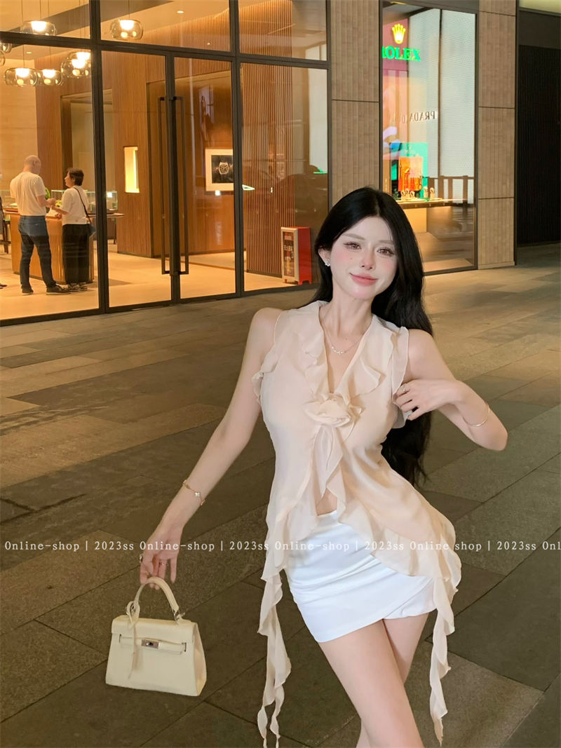 實拍~設計感背心小飛袖法式減齡繁複蕾絲雪紡衫露背上衣女