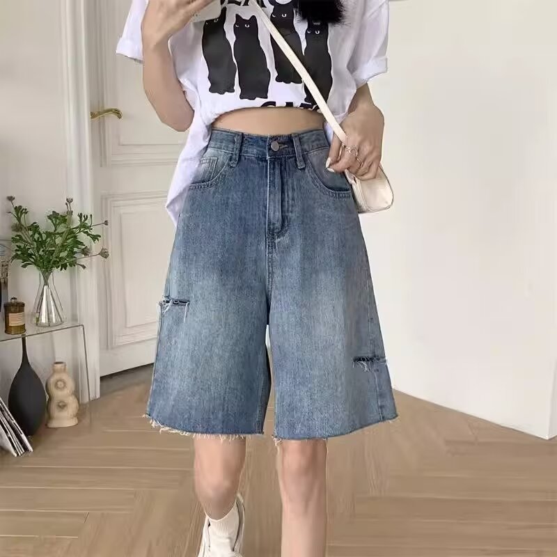 牛仔短褲女夏季2024新款薄款寬鬆高腰直筒五分褲復古水洗闊腿中褲