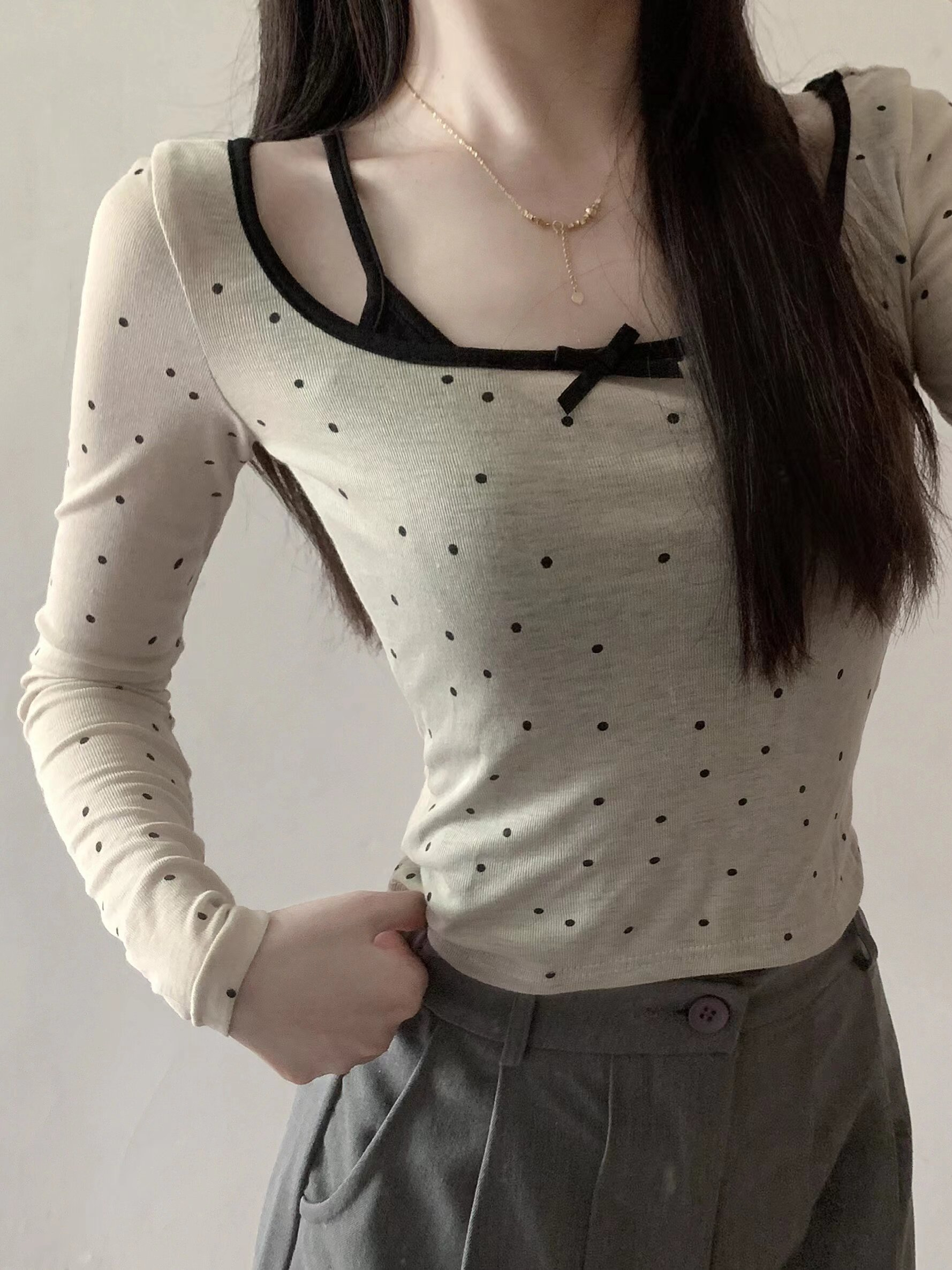 網紗波點修身微透性感長袖上衣女韓版純欲打底衫吊帶兩件套