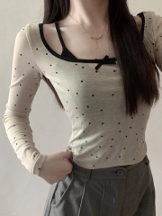 Netting Polka Dot Slimming Micro Transparent Sexy Long Sleeve Top Women Korean Pure Desire Underwear Strap Two Piece Set 
