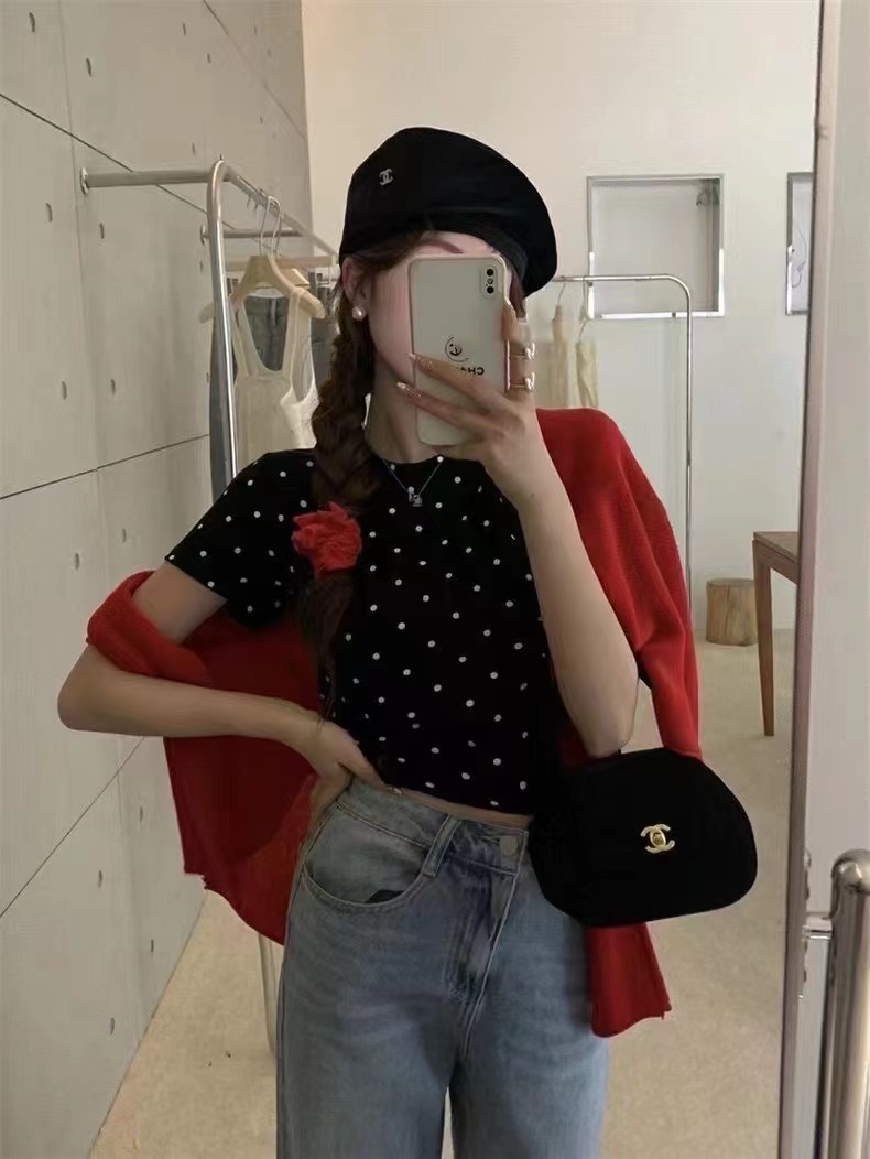 復古灰色波點圓領短袖T恤女裝夏季短款修身顯瘦氣質內搭休閒上衣